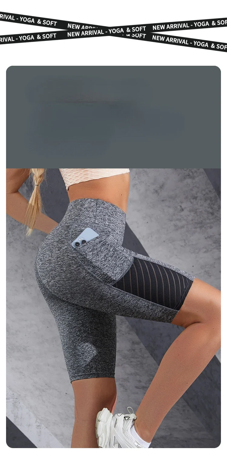 Women Mesh Shorts with Pocket Seamless Slim Leggings Gym Workout Sports Shorts Stretchy High Waist Butt Liftting Yoga Leggings
