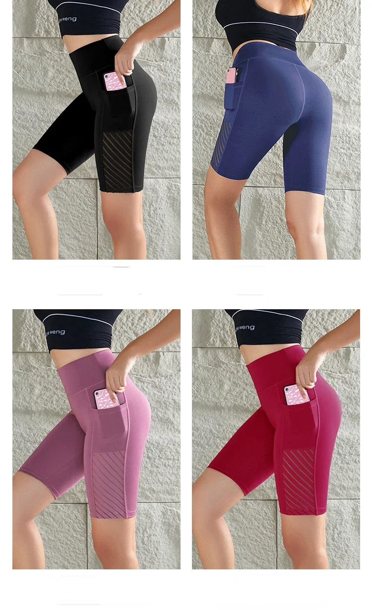 Women Mesh Shorts with Pocket Seamless Slim Leggings Gym Workout Sports Shorts Stretchy High Waist Butt Liftting Yoga Leggings