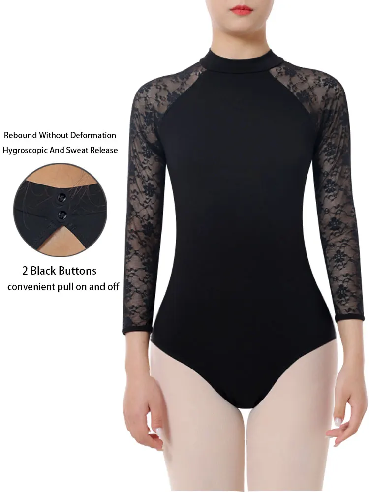 Women Turtleneck Long Sleeves Ballet Dance Leotards for Adult Gymnastics Dance Tops with Water-drop Hollow Back and Soft Lining