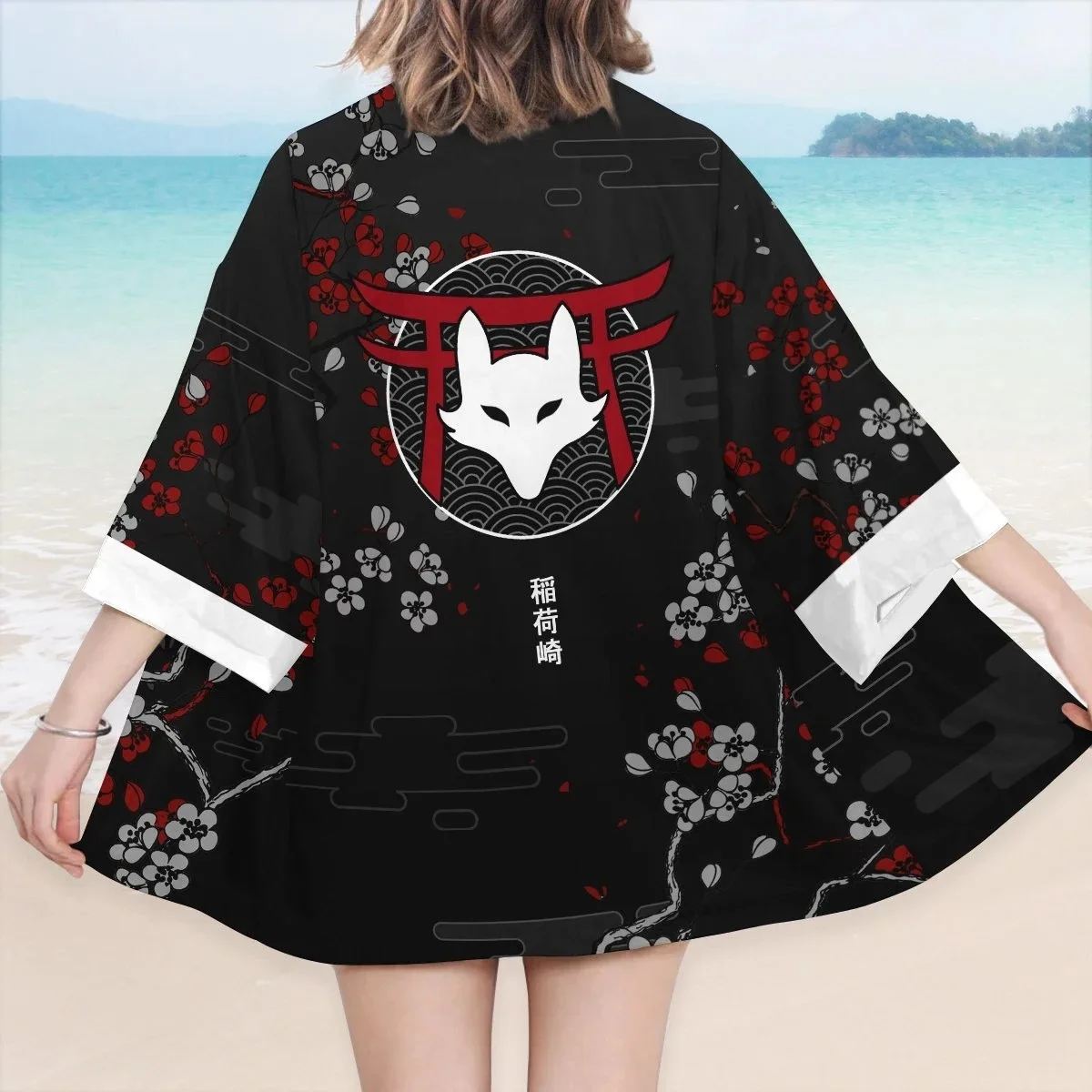 Japanese Inari Fox Print Kimono for Men Women Summer Asian Traditional Costume Yukata Haori Red Floral Cardigan Cosplay Costumes