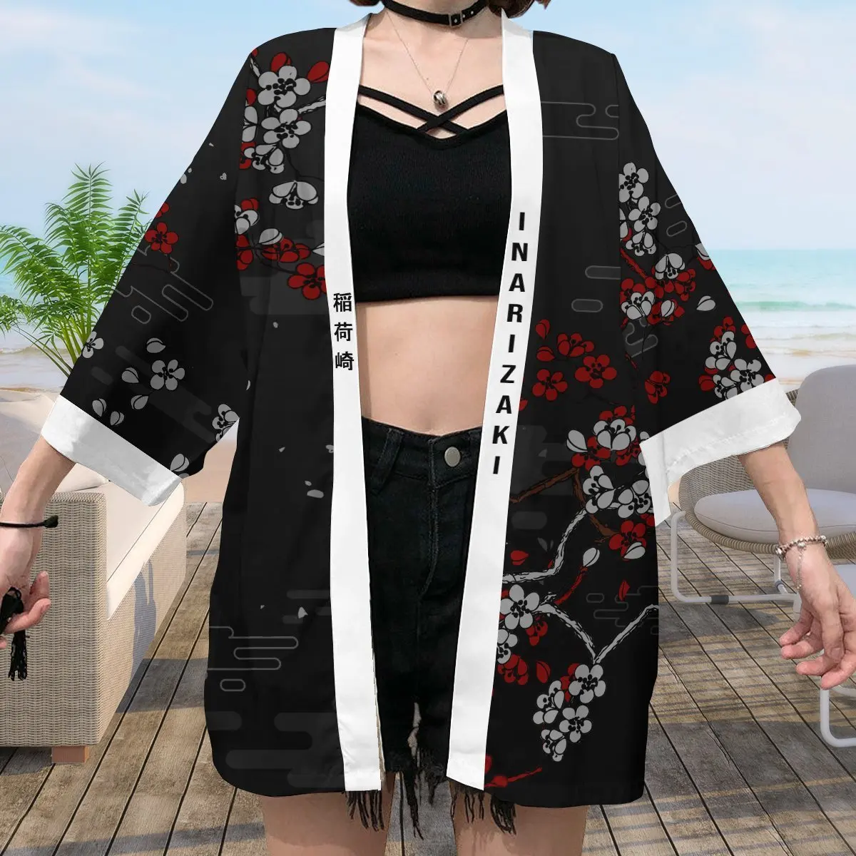 Japanese Inari Fox Print Kimono for Men Women Summer Asian Traditional Costume Yukata Haori Red Floral Cardigan Cosplay Costumes