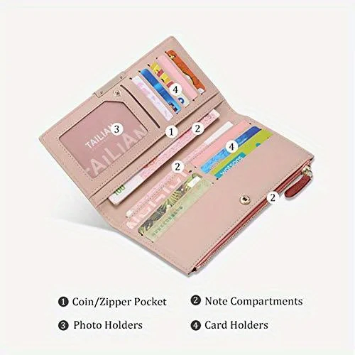 Ultra Slim Wallet For Women, RFID Blocking Credit Card Holder, Bifold Clutch Coin Zipper Travel Long Purse