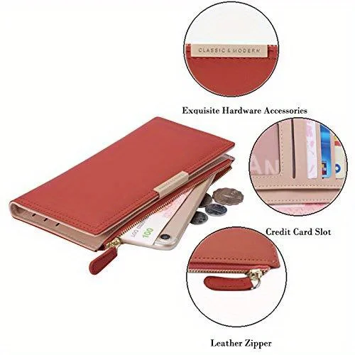 Ultra Slim Wallet For Women, RFID Blocking Credit Card Holder, Bifold Clutch Coin Zipper Travel Long Purse