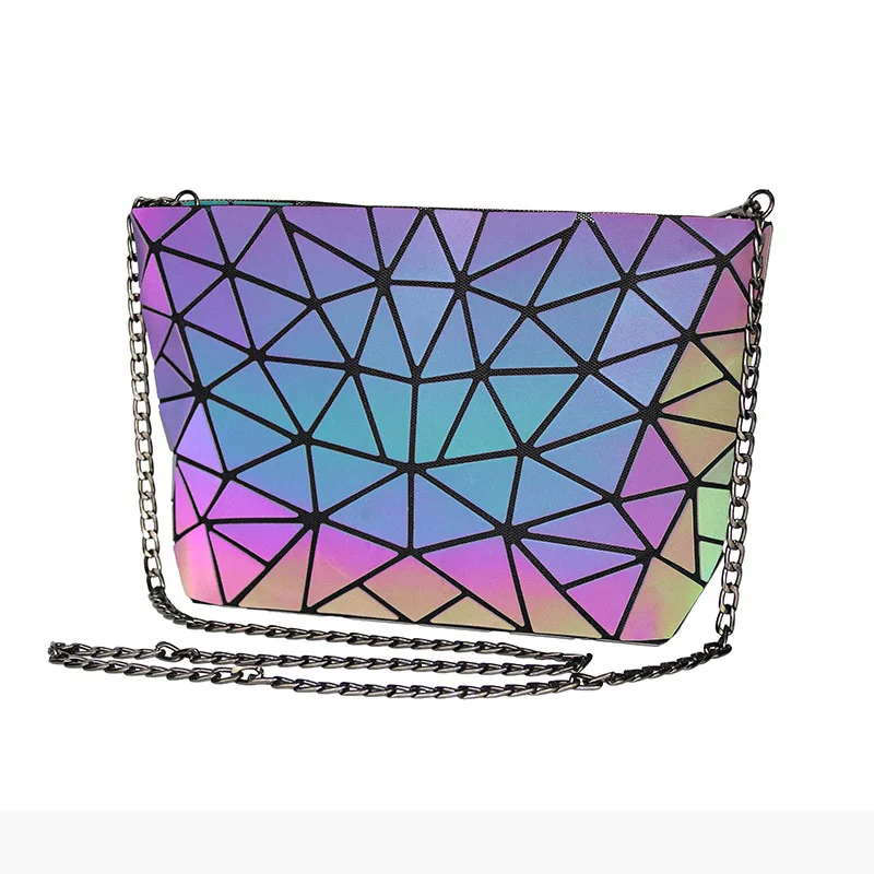 Fashion Reflective Chain Crossbody Bags for Women Folding Geometric Holographic Purses Luminous Sling Shoulder Bag