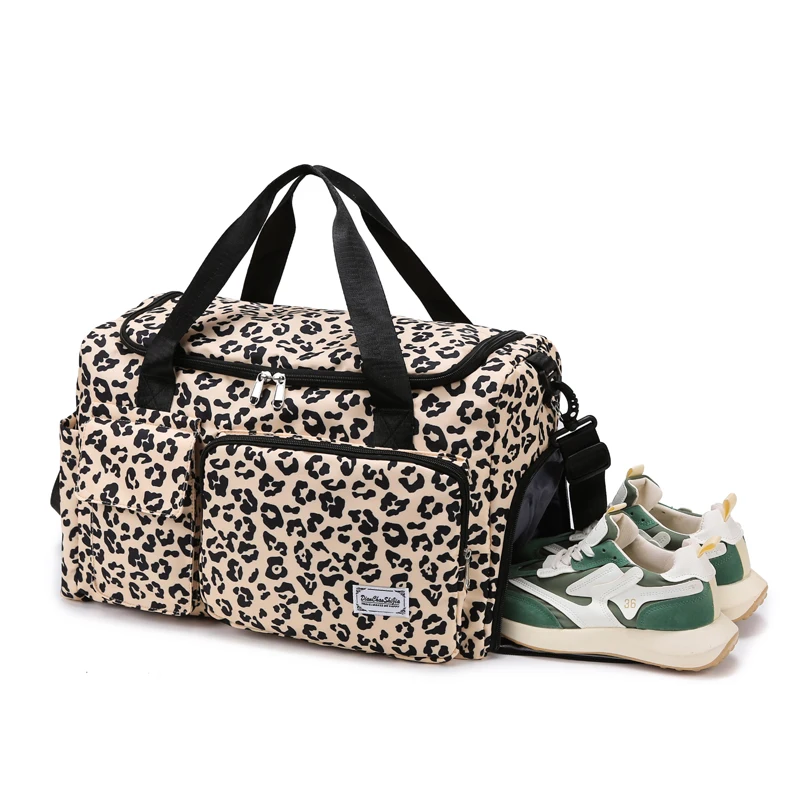 Classic Leopard Print Large Capacity Leisure Luggage Bag With Multiple Pockets And Shoe Compartment Sports Fitness Travel Bag