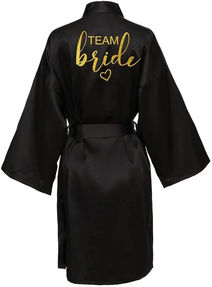 Wedding Party Team Bride Robe Kimono Satin Pajamas Bridesmaid Bathrobe Gold Letter SP093