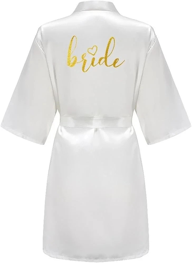 Wedding Party Team Bride Robe Kimono Satin Pajamas Bridesmaid Bathrobe Gold Letter SP093