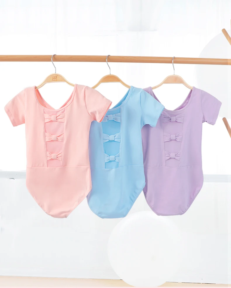 Girls Ballet Leotards Bowknot Dance Leotard Cotton Short Sleeves Mesh Splice Gymnastic Dance Bodysuit Kids Dancewear Costumes