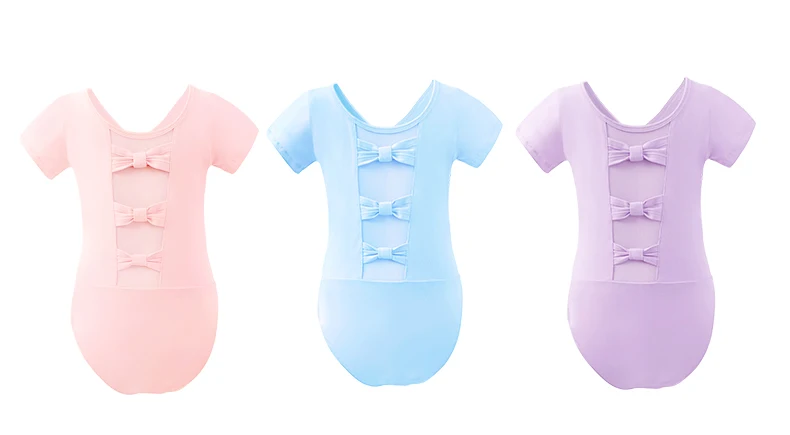 Girls Ballet Leotards Bowknot Dance Leotard Cotton Short Sleeves Mesh Splice Gymnastic Dance Bodysuit Kids Dancewear Costumes