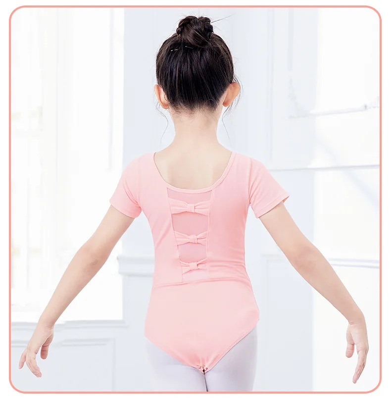 Girls Ballet Leotards Bowknot Dance Leotard Cotton Short Sleeves Mesh Splice Gymnastic Dance Bodysuit Kids Dancewear Costumes