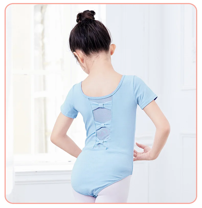 Girls Ballet Leotards Bowknot Dance Leotard Cotton Short Sleeves Mesh Splice Gymnastic Dance Bodysuit Kids Dancewear Costumes