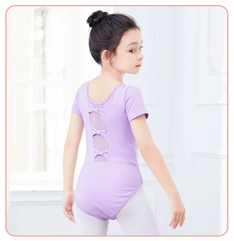 Girls Ballet Leotards Bowknot Dance Leotard Cotton Short Sleeves Mesh Splice Gymnastic Dance Bodysuit Kids Dancewear Costumes