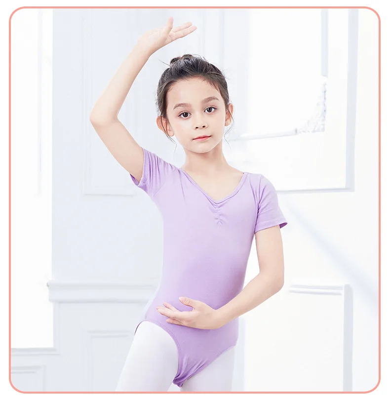 Girls Ballet Leotards Bowknot Dance Leotard Cotton Short Sleeves Mesh Splice Gymnastic Dance Bodysuit Kids Dancewear Costumes