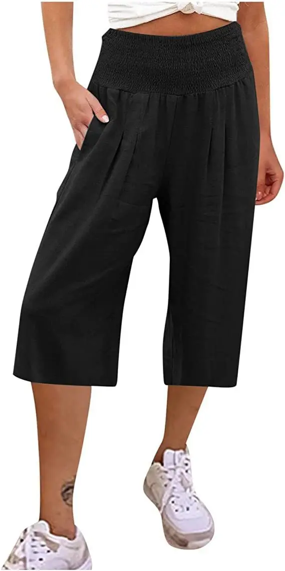 Summer 2024 Amazon Eurn Women's Cross-Border Cotton Hemp Seven Waist Pocket Wide Leg Pants Woman