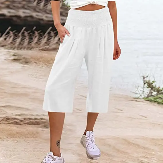 Summer 2024 Amazon Eurn Women's Cross-Border Cotton Hemp Seven Waist Pocket Wide Leg Pants Woman