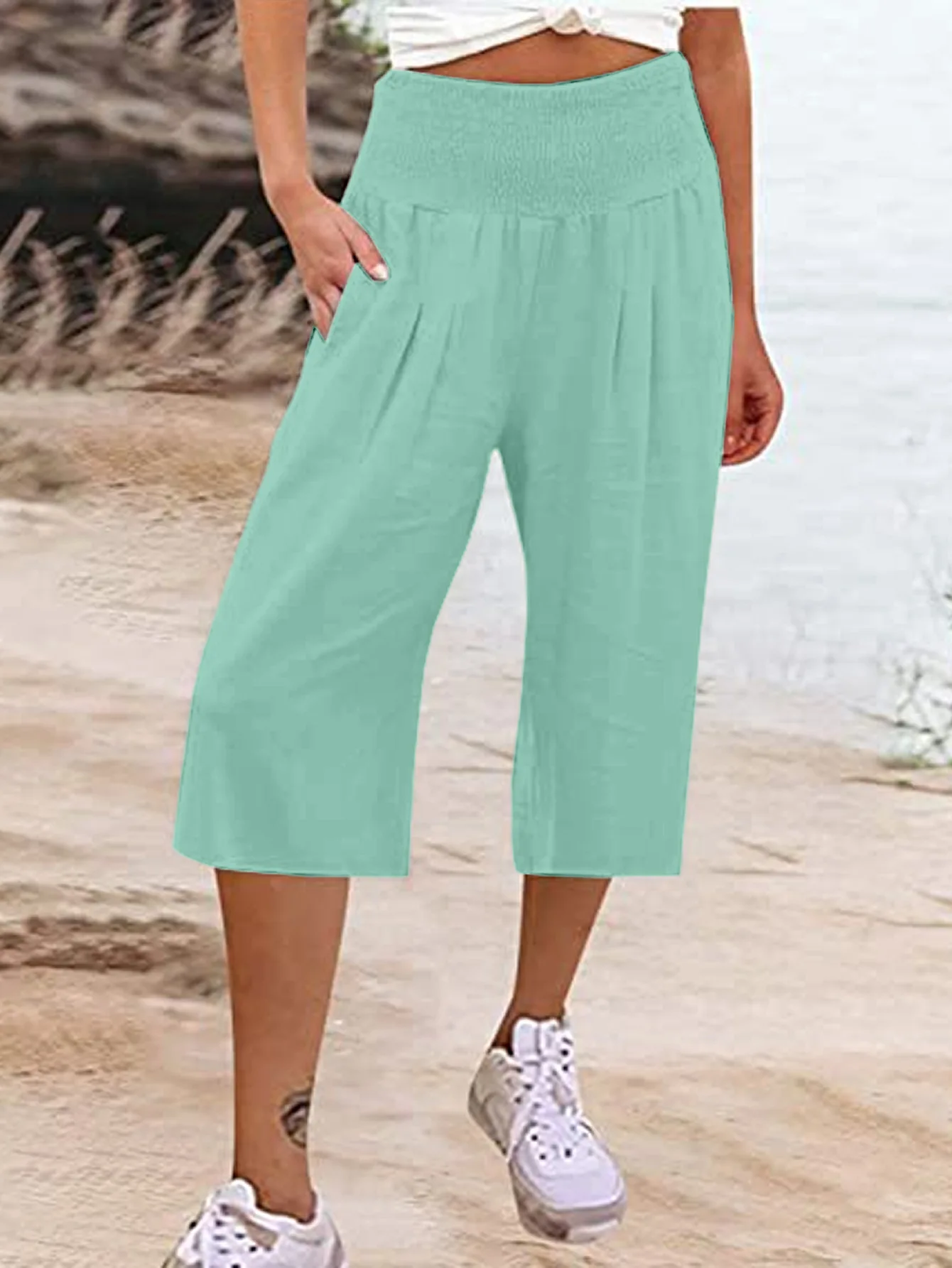 Summer 2024 Amazon Eurn Women's Cross-Border Cotton Hemp Seven Waist Pocket Wide Leg Pants Woman