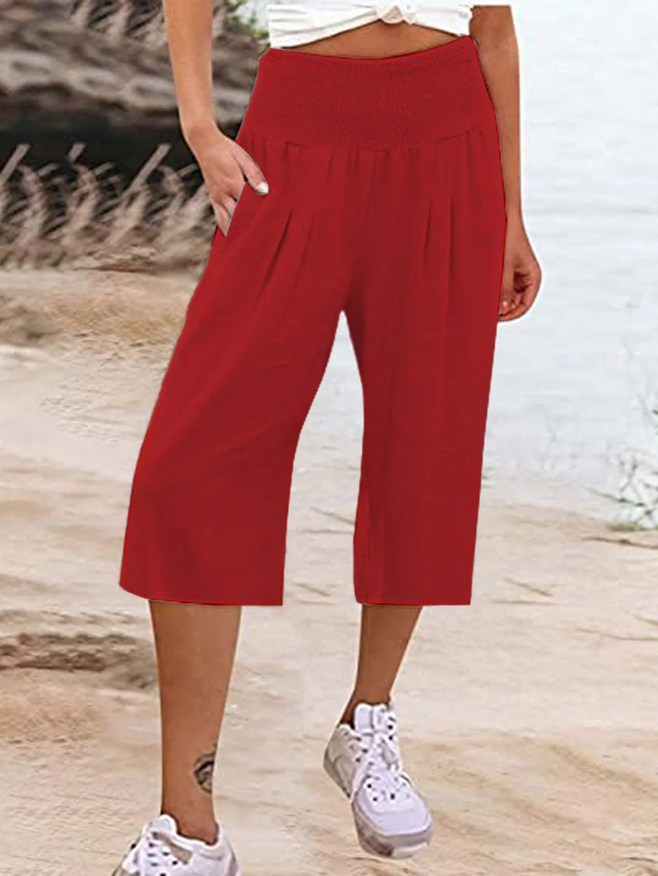 Summer 2024 Amazon Eurn Women's Cross-Border Cotton Hemp Seven Waist Pocket Wide Leg Pants Woman
