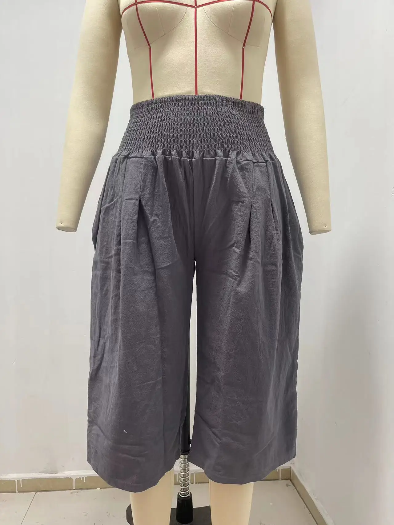 Summer 2024 Amazon Eurn Women's Cross-Border Cotton Hemp Seven Waist Pocket Wide Leg Pants Woman