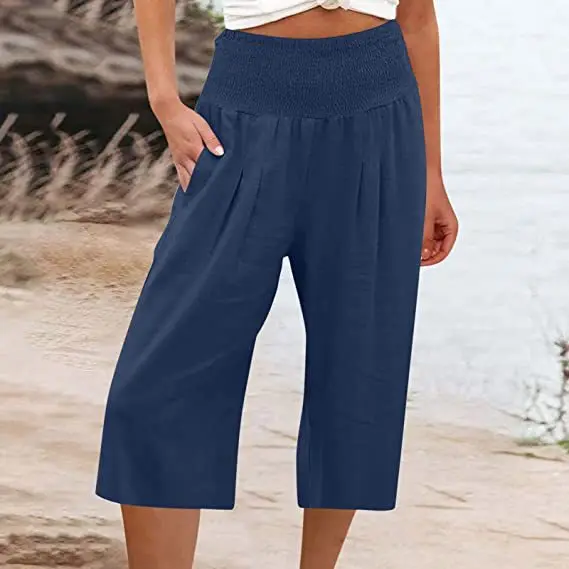 Summer 2024 Amazon Eurn Women's Cross-Border Cotton Hemp Seven Waist Pocket Wide Leg Pants Woman