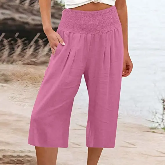 Summer 2024 Amazon Eurn Women's Cross-Border Cotton Hemp Seven Waist Pocket Wide Leg Pants Woman