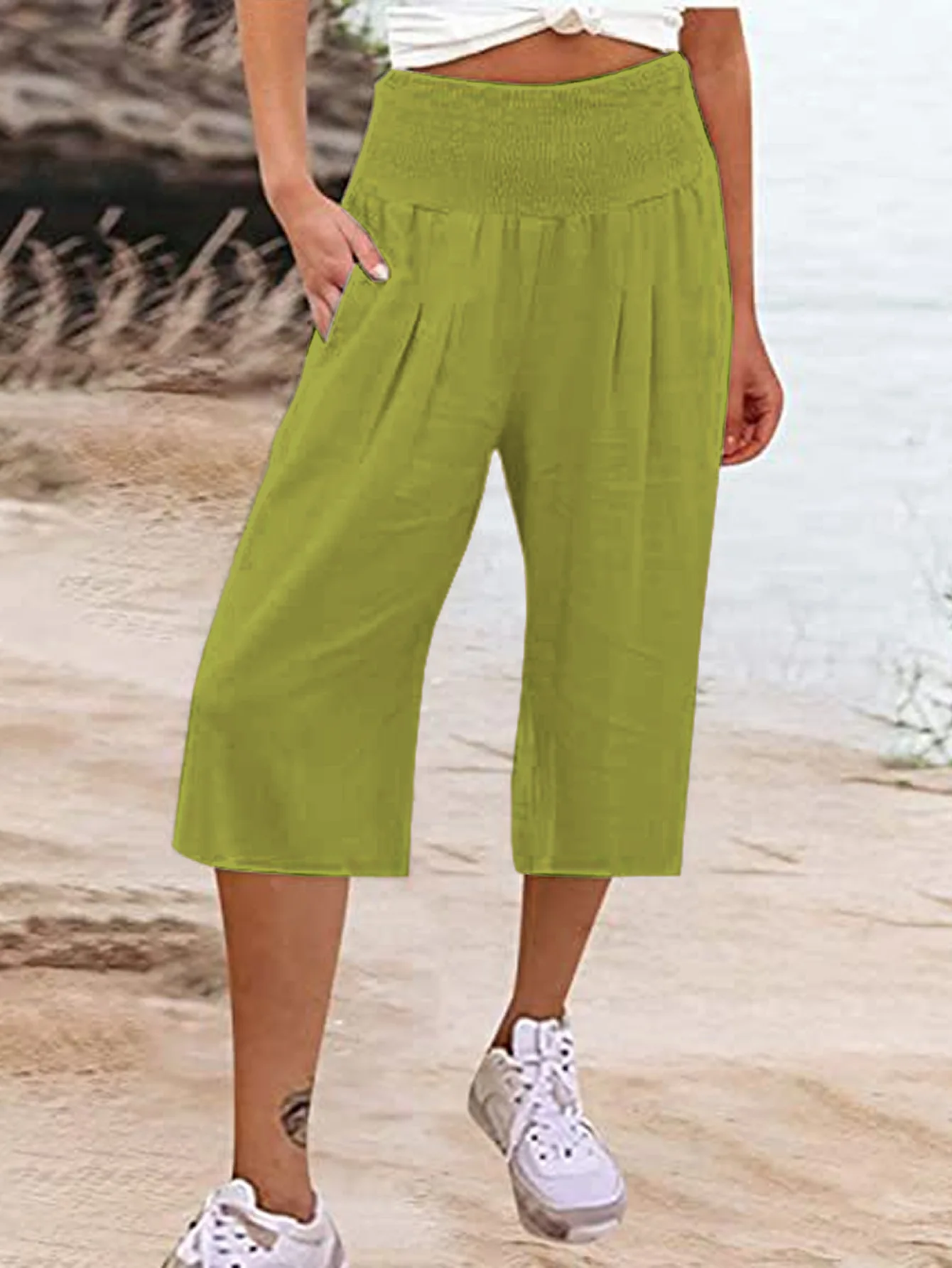 Summer 2024 Amazon Eurn Women's Cross-Border Cotton Hemp Seven Waist Pocket Wide Leg Pants Woman