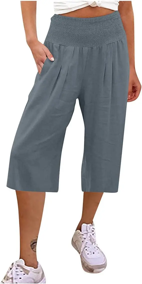 Summer 2024 Amazon Eurn Women's Cross-Border Cotton Hemp Seven Waist Pocket Wide Leg Pants Woman