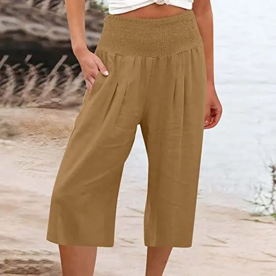 Summer 2024 Amazon Eurn Women's Cross-Border Cotton Hemp Seven Waist Pocket Wide Leg Pants Woman