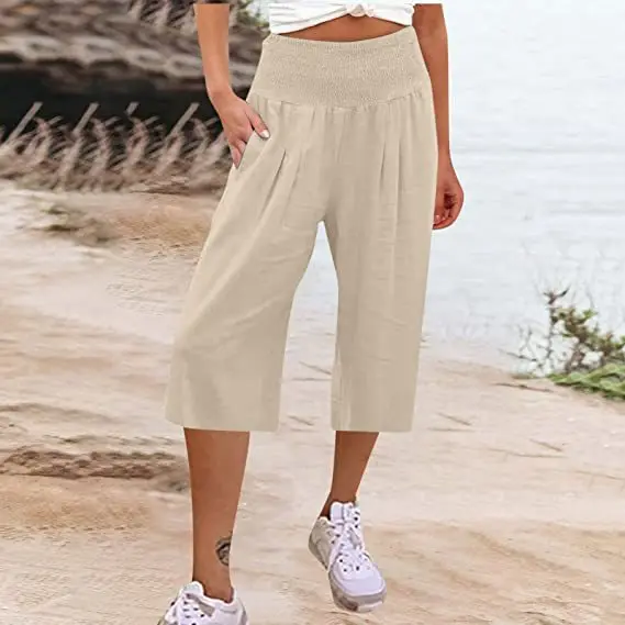 Summer 2024 Amazon Eurn Women's Cross-Border Cotton Hemp Seven Waist Pocket Wide Leg Pants Woman