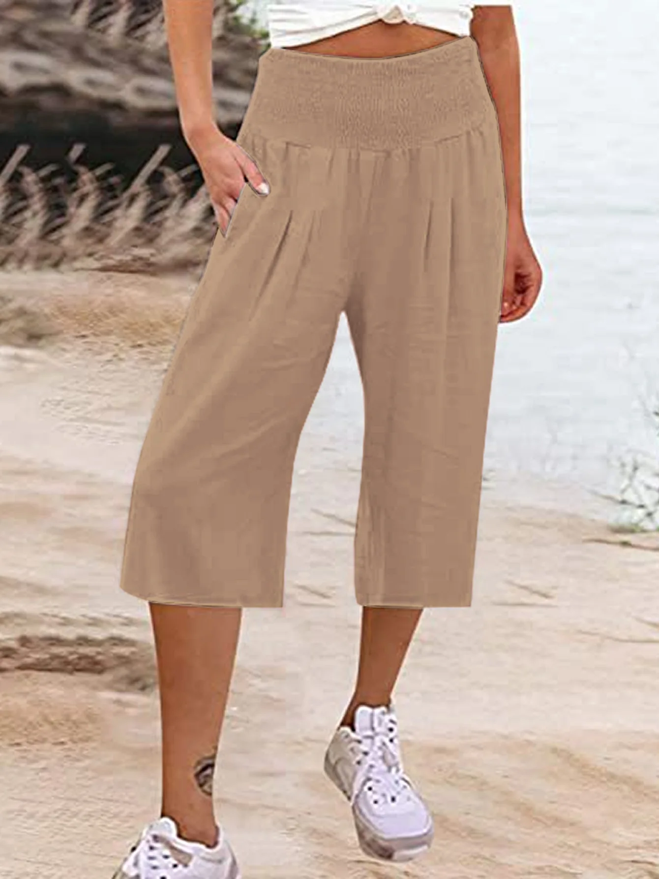 Summer 2024 Amazon Eurn Women's Cross-Border Cotton Hemp Seven Waist Pocket Wide Leg Pants Woman