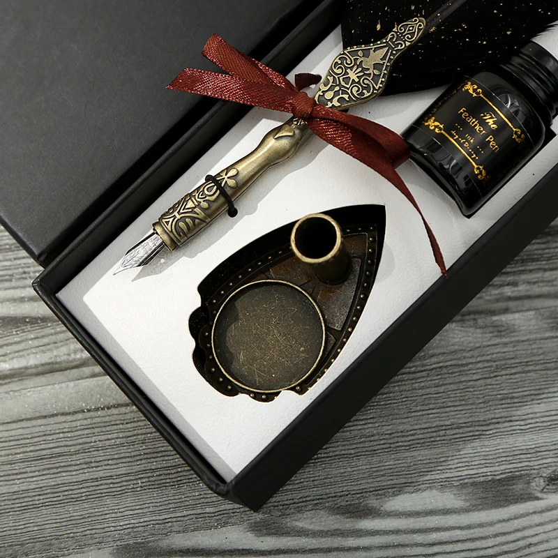 1 Set Retro Classic Texture Practical Calligraphy Feather Dip Pen Quill Fountain Writing Portable Durable Wedding Gifts Box