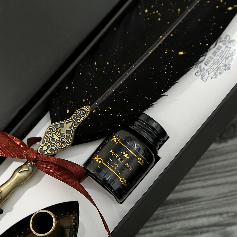 1 Set Retro Classic Texture Practical Calligraphy Feather Dip Pen Quill Fountain Writing Portable Durable Wedding Gifts Box