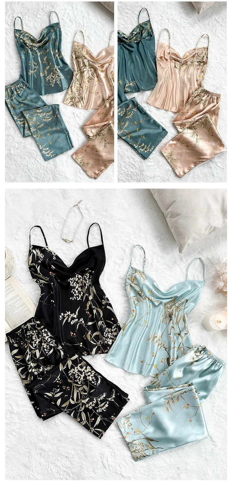 2Pcs Summer Sexy New Fashion Women's Pajamas Top Women Printed Backless Slip Dress Imitation Silk Loungewear Simple Sleepwear
