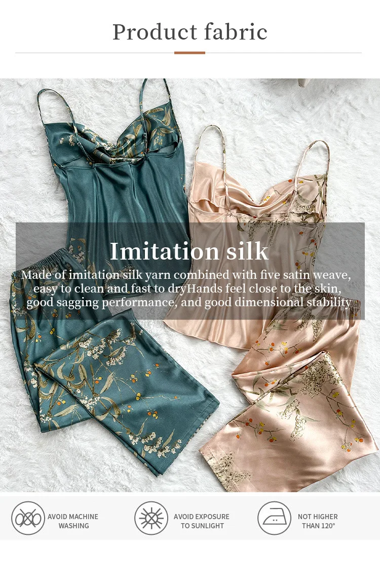 2Pcs Summer Sexy New Fashion Women's Pajamas Top Women Printed Backless Slip Dress Imitation Silk Loungewear Simple Sleepwear
