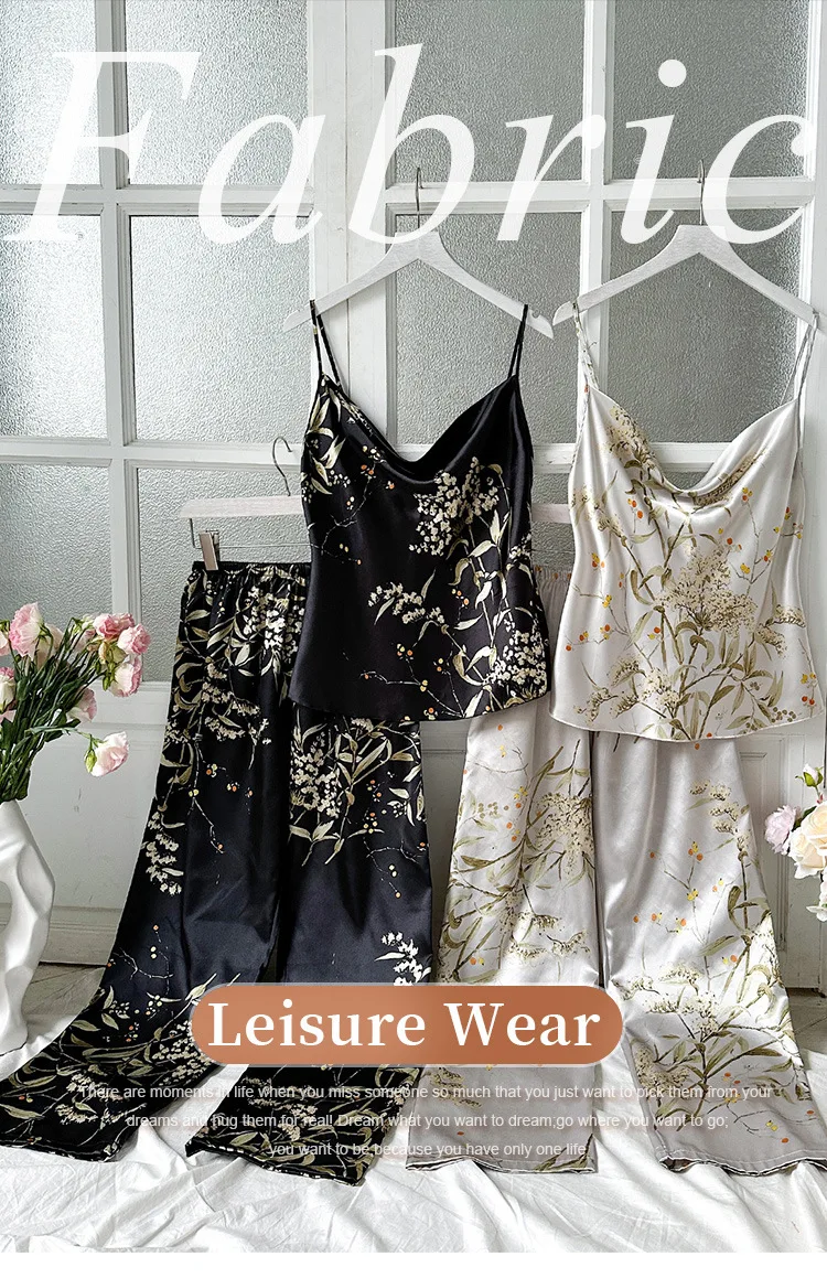 2Pcs Summer Sexy New Fashion Women's Pajamas Top Women Printed Backless Slip Dress Imitation Silk Loungewear Simple Sleepwear
