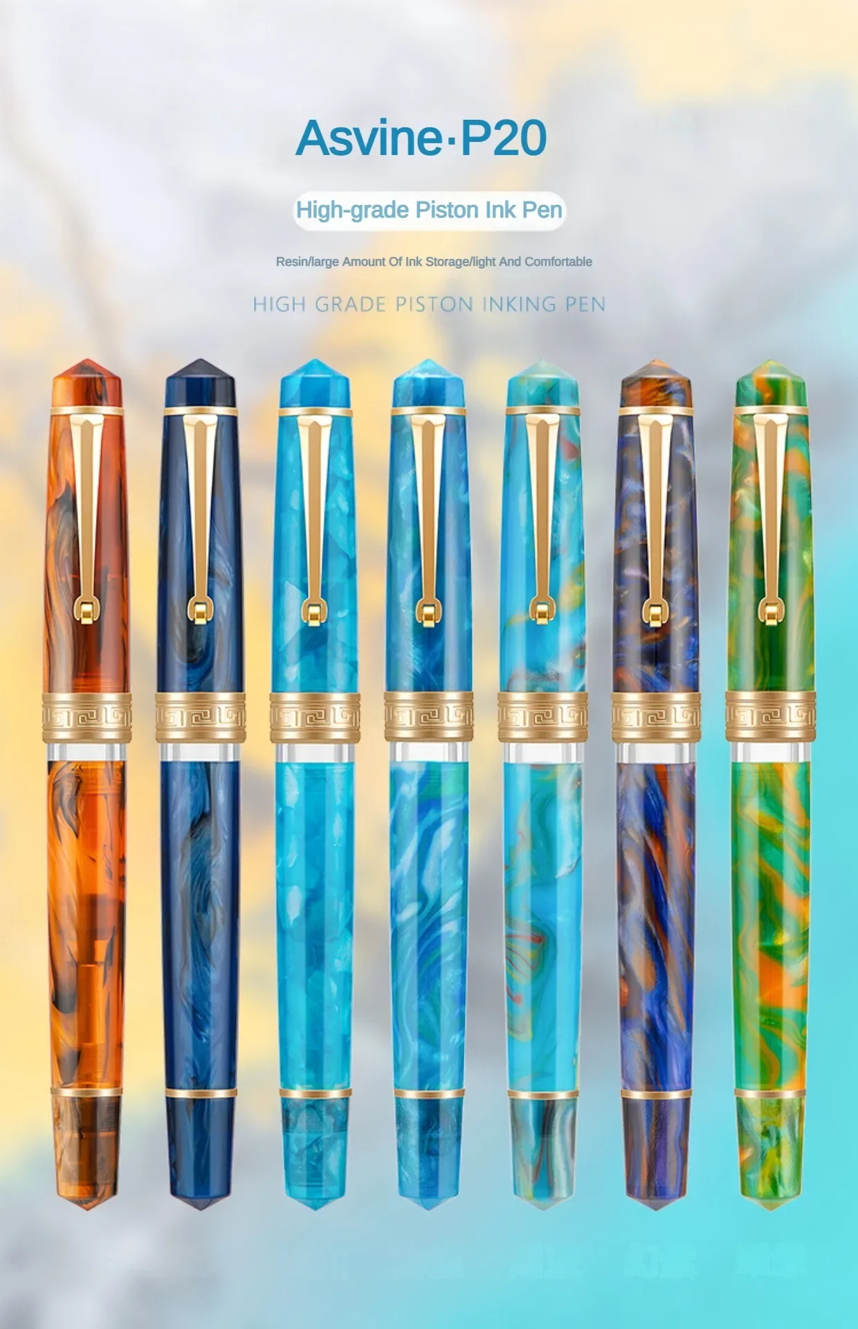 Asvine P20 Piston Filling Fountain Pen Luxury Elegant Acrylic Golden Clip EF/F/M Nib Office School Writing Supplies Stationery