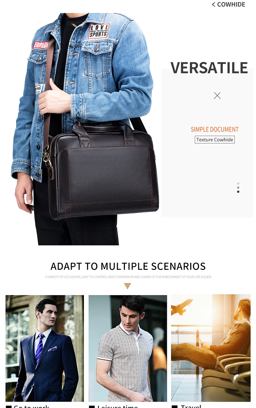 Men's Leather Handbag, Top Layer Cowhide Briefcase, Leather Laptop Bag, Diagonal Cross Office Bag