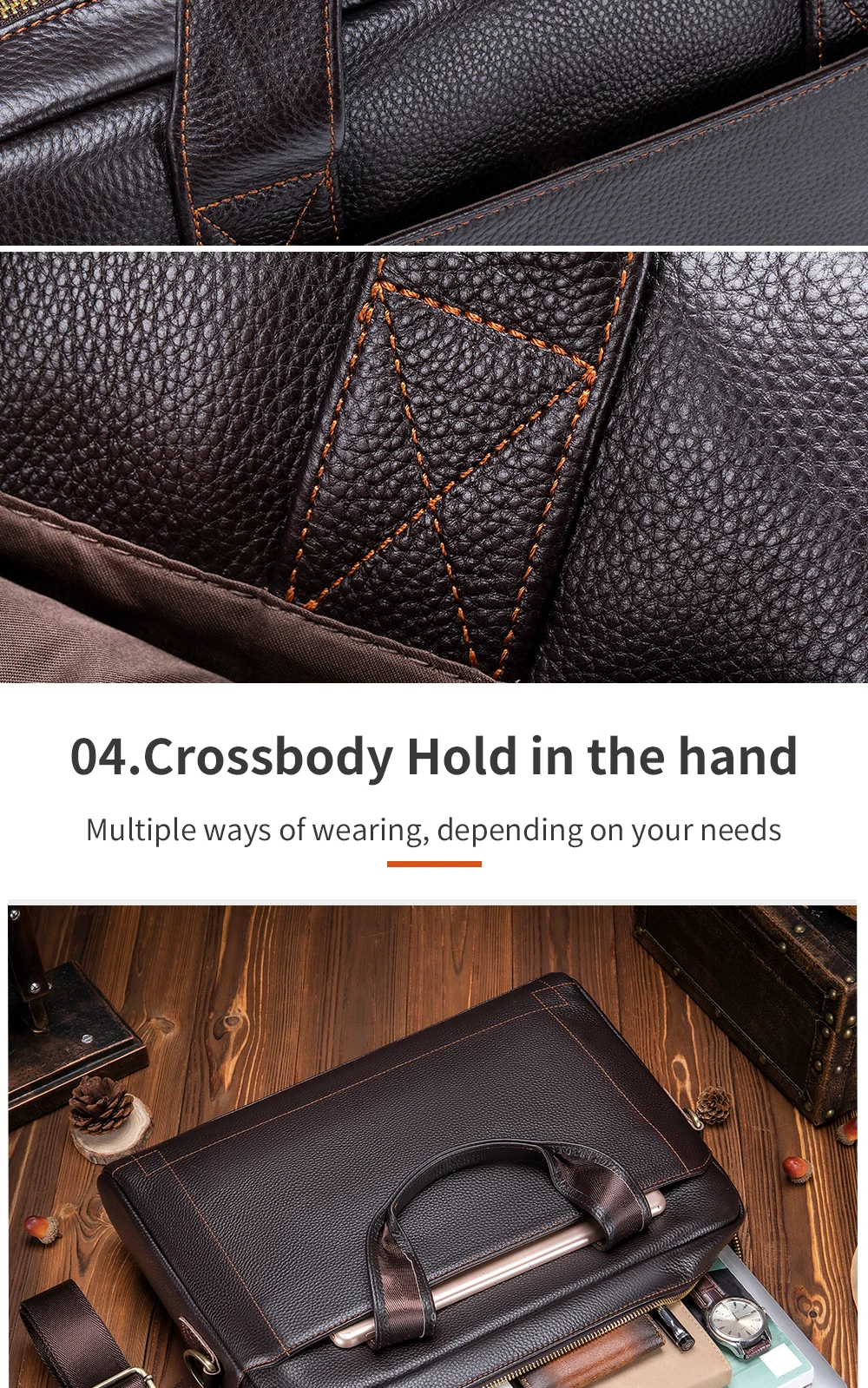Men's Leather Handbag, Top Layer Cowhide Briefcase, Leather Laptop Bag, Diagonal Cross Office Bag