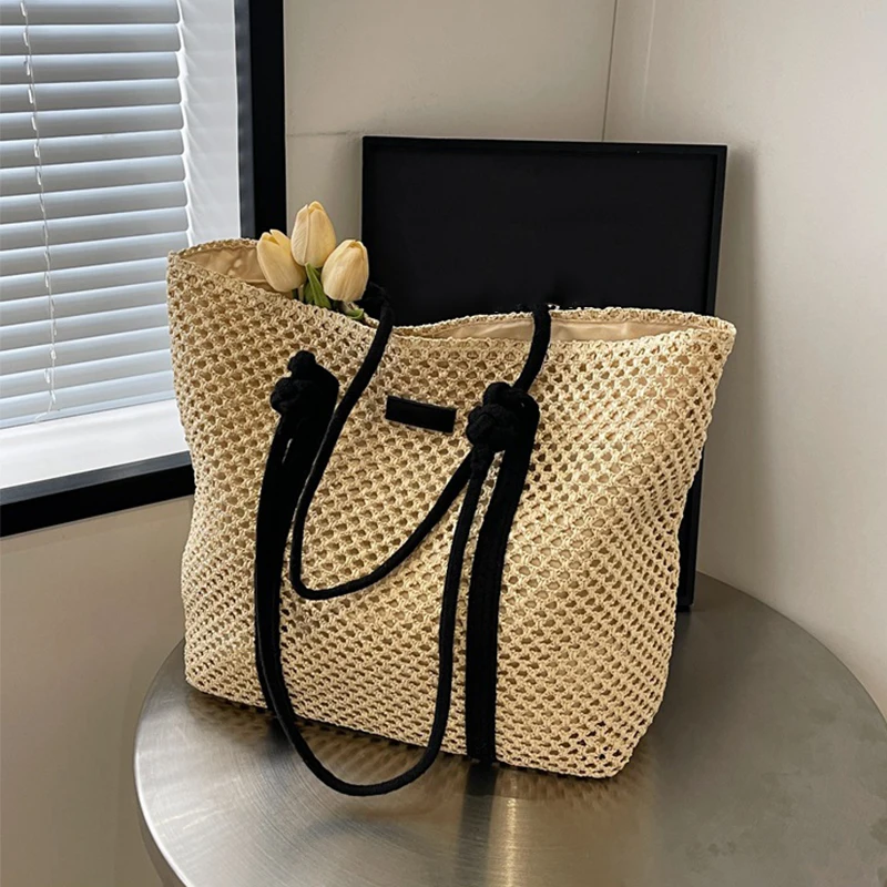 Summer Woven Straw Tote Bag Casual Beach Vacation Women Shoulder Bags Large Capacity Female Handbags Solid Color