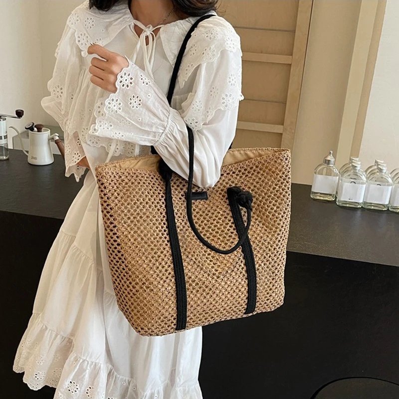 Summer Woven Straw Tote Bag Casual Beach Vacation Women Shoulder Bags Large Capacity Female Handbags Solid Color