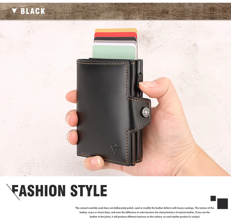 HUMERPAUL Men Card Holder with Money Pocket Crazy Horse Leather Pop Up Minimalist Wallet RFID Blocking Slim Metal Bank Card Case