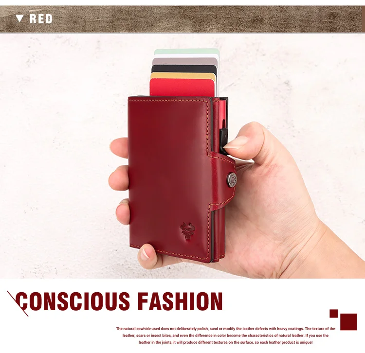 HUMERPAUL Men Card Holder with Money Pocket Crazy Horse Leather Pop Up Minimalist Wallet RFID Blocking Slim Metal Bank Card Case