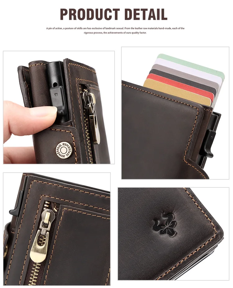 HUMERPAUL Men Card Holder with Money Pocket Crazy Horse Leather Pop Up Minimalist Wallet RFID Blocking Slim Metal Bank Card Case