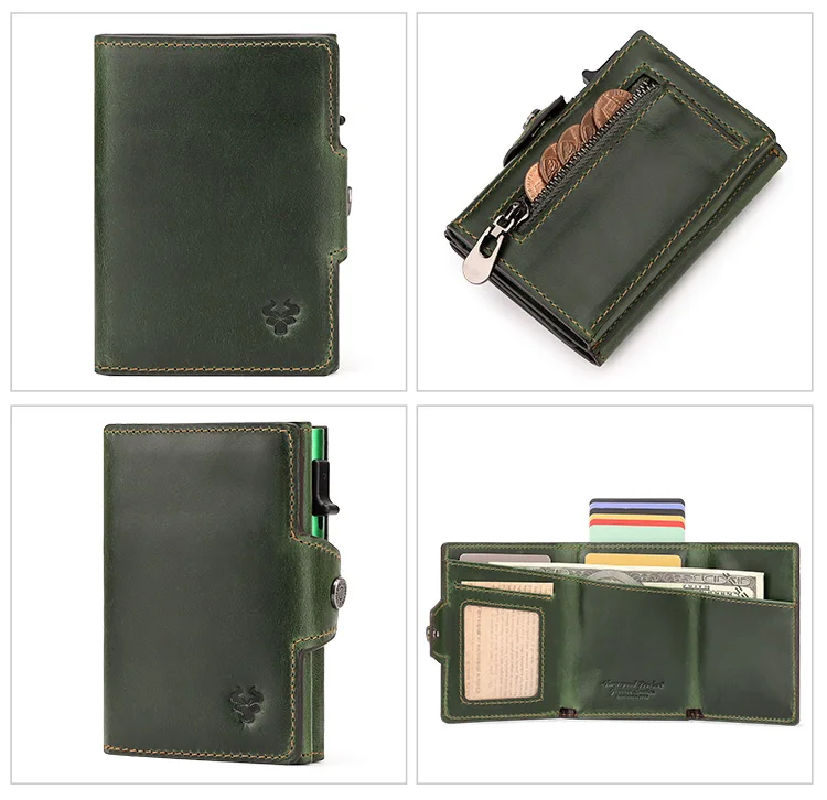 HUMERPAUL Men Card Holder with Money Pocket Crazy Horse Leather Pop Up Minimalist Wallet RFID Blocking Slim Metal Bank Card Case