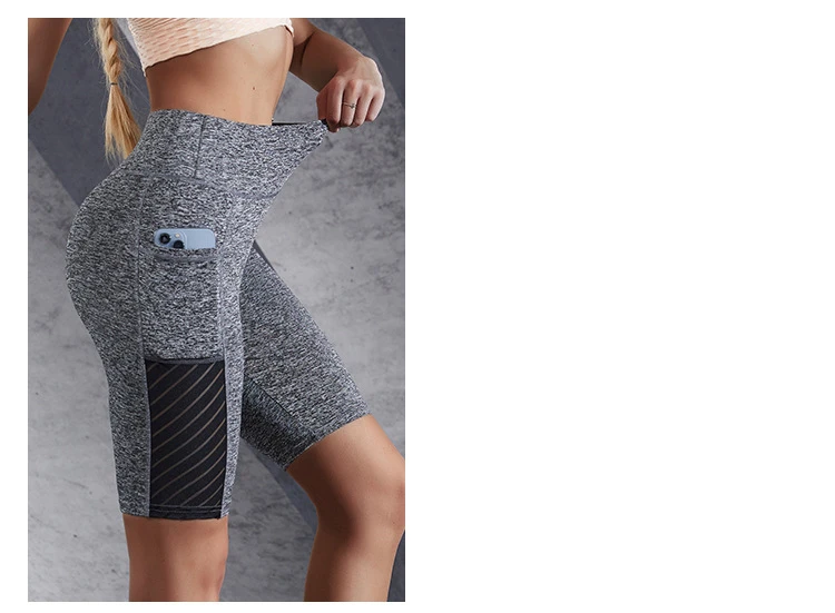 Women Mesh Shorts with Pocket Seamless Slim Leggings Gym Workout Sports Shorts Stretchy High Waist Butt Liftting Yoga Leggings
