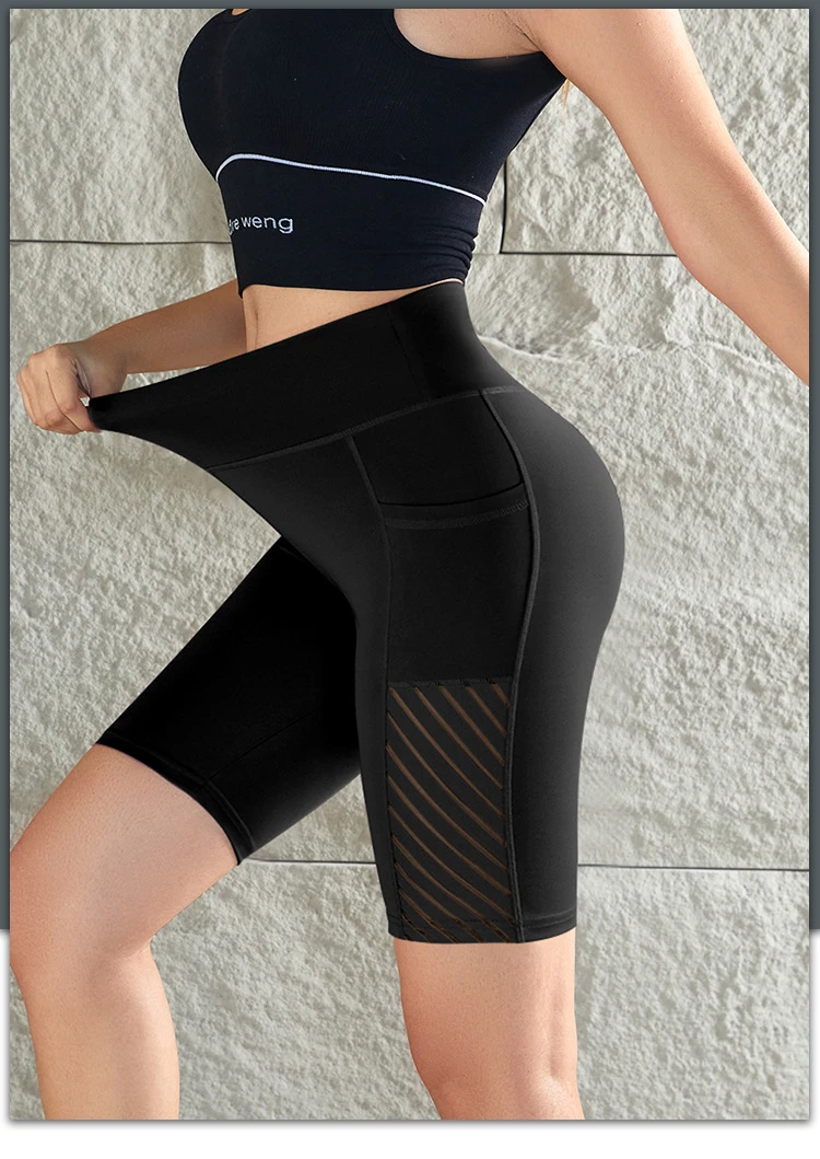 Women Mesh Shorts with Pocket Seamless Slim Leggings Gym Workout Sports Shorts Stretchy High Waist Butt Liftting Yoga Leggings