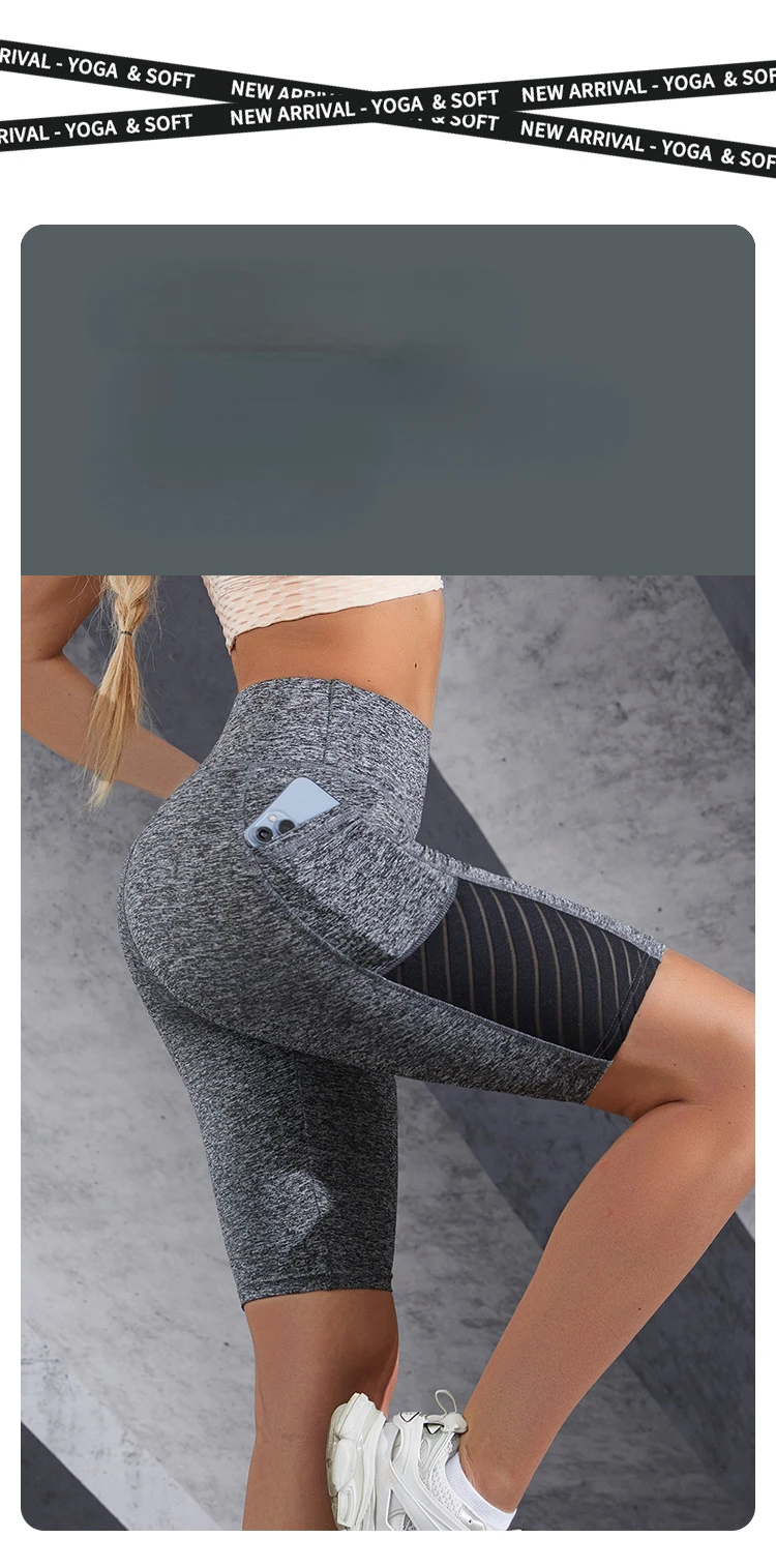 Women Mesh Shorts with Pocket Seamless Slim Leggings Gym Workout Sports Shorts Stretchy High Waist Butt Liftting Yoga Leggings