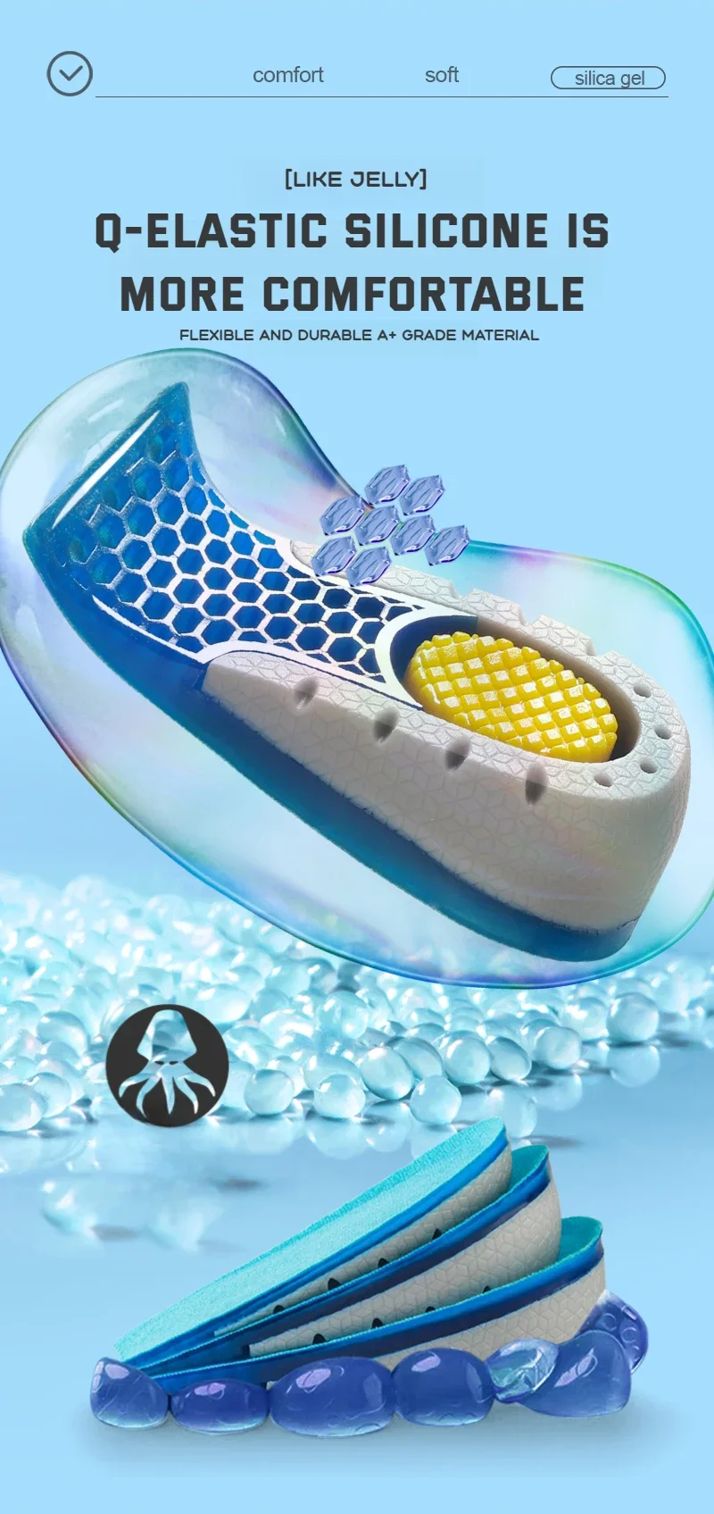 1Pair Gel Shoes Insole for Feet Silicone Invisible Height Increasing Insoles Non Slip Shoe Pads Men Shock Absorption Shoe Sole