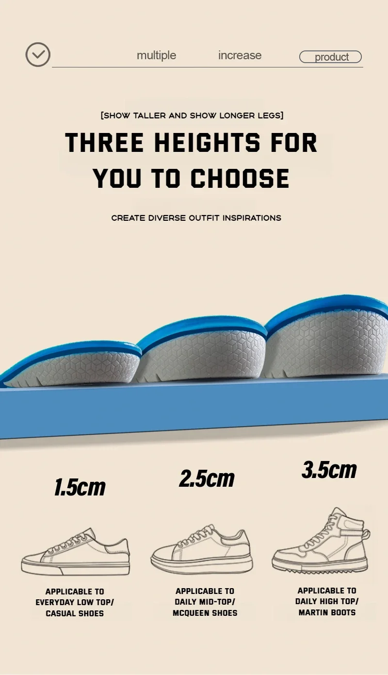1Pair Gel Shoes Insole for Feet Silicone Invisible Height Increasing Insoles Non Slip Shoe Pads Men Shock Absorption Shoe Sole