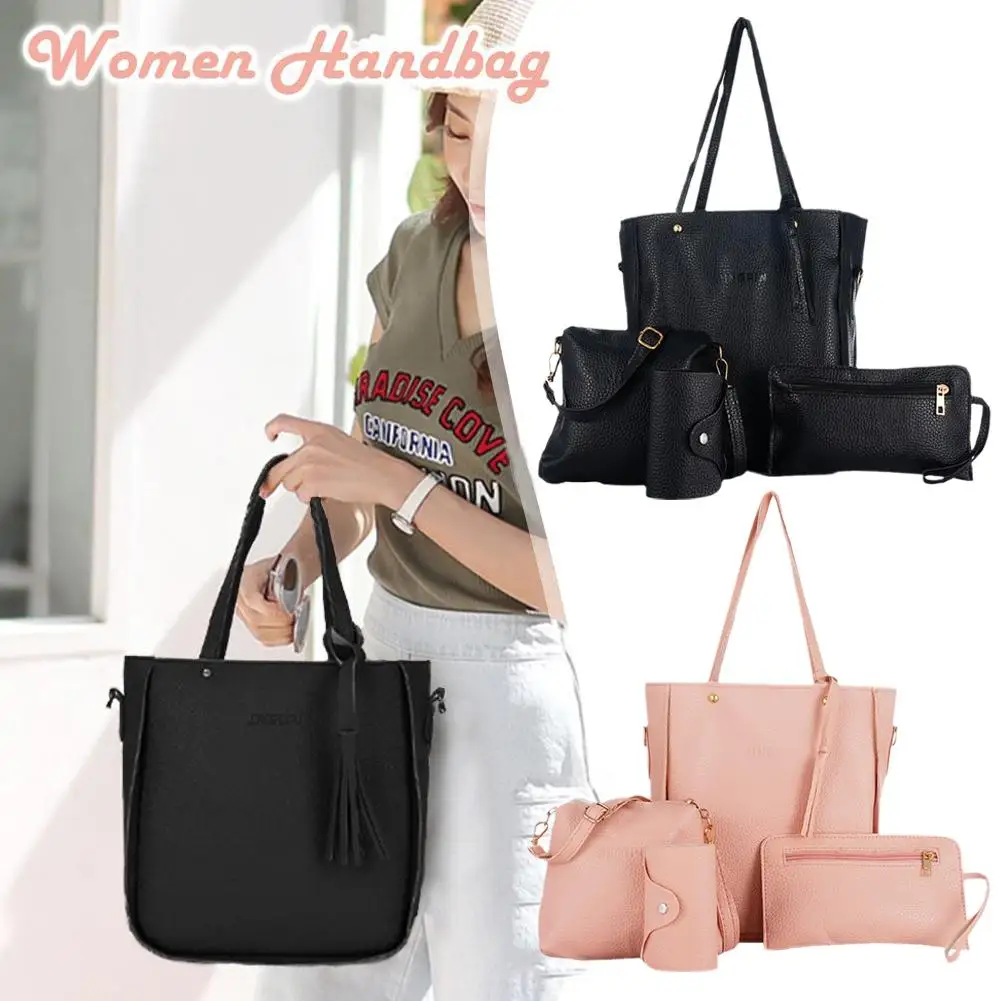 4pcs/set Fashion Women Handbag Set Large Capacity PU Leather Handbag Shoulder Bag Crossbody Bag Purse Wallet