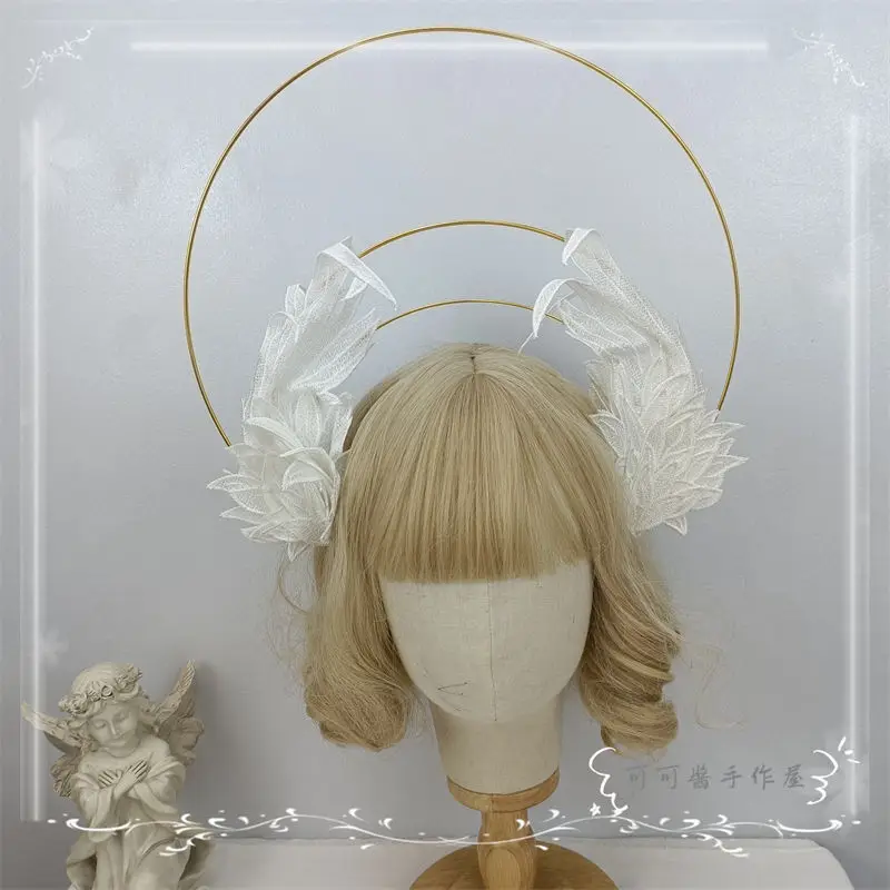 Virgin Halo Lolita Angel Demon Berrying Wings Retro Pope Crown Headband Halloween Cosplay Headwear Hair Accessories